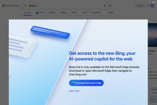 Bing Chat not yet available on Chrome or Safari browsers